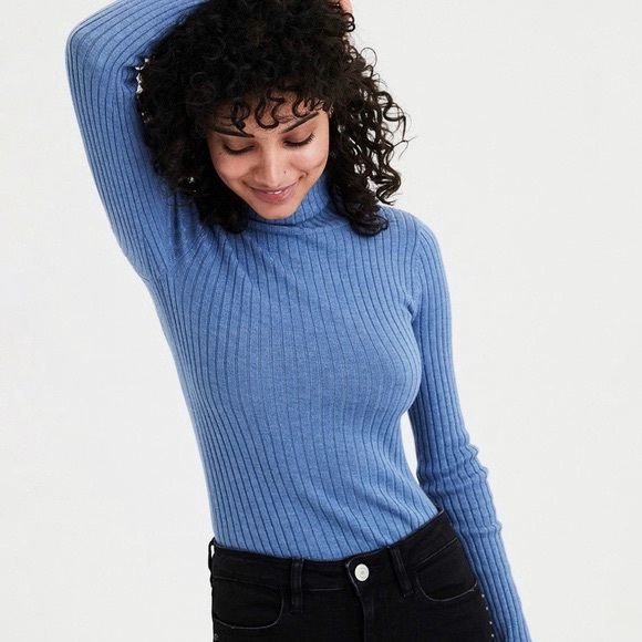 American eagle ribbed turtleneck sweater blue top size medium - Picture 1 of 9